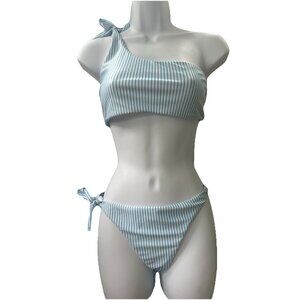Womens One Shoulder Bikini Swimsuit Turquoise White Stripe Tie Size Large Preppy